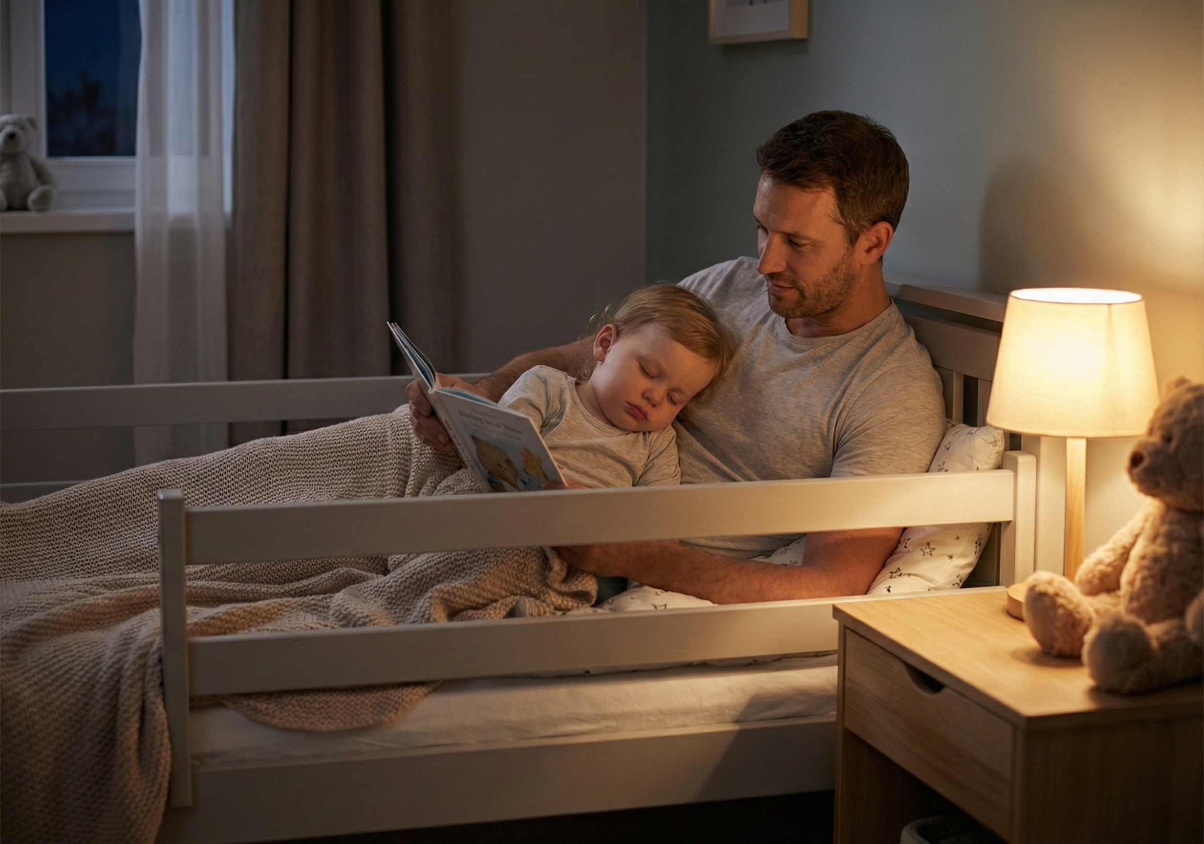 Rodzic czytający dziecku w solidnym łóżku piętrowym