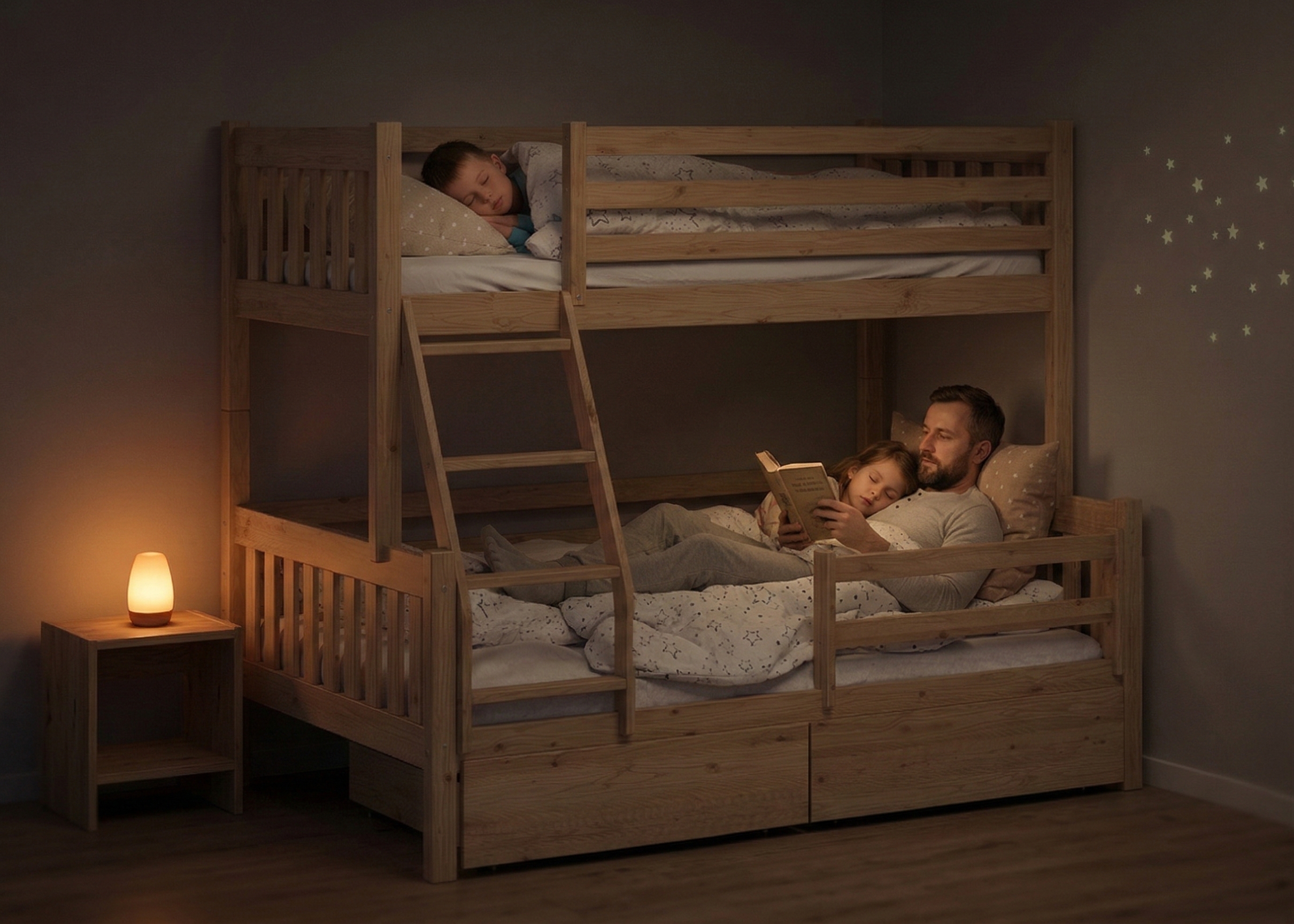 Rodzic czytający dziecku w solidnym łóżku piętrowym