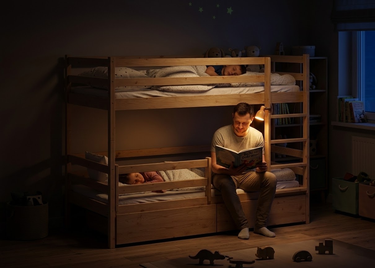 Rodzic czytający dziecku w solidnym łóżku piętrowym